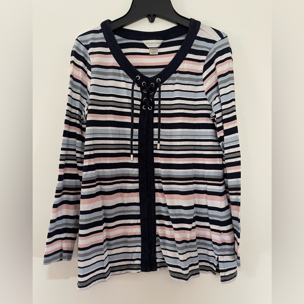 Christopher & Banks. Petite Medium Striped Long Sleeve Top Navy, Lt Blue & Pink